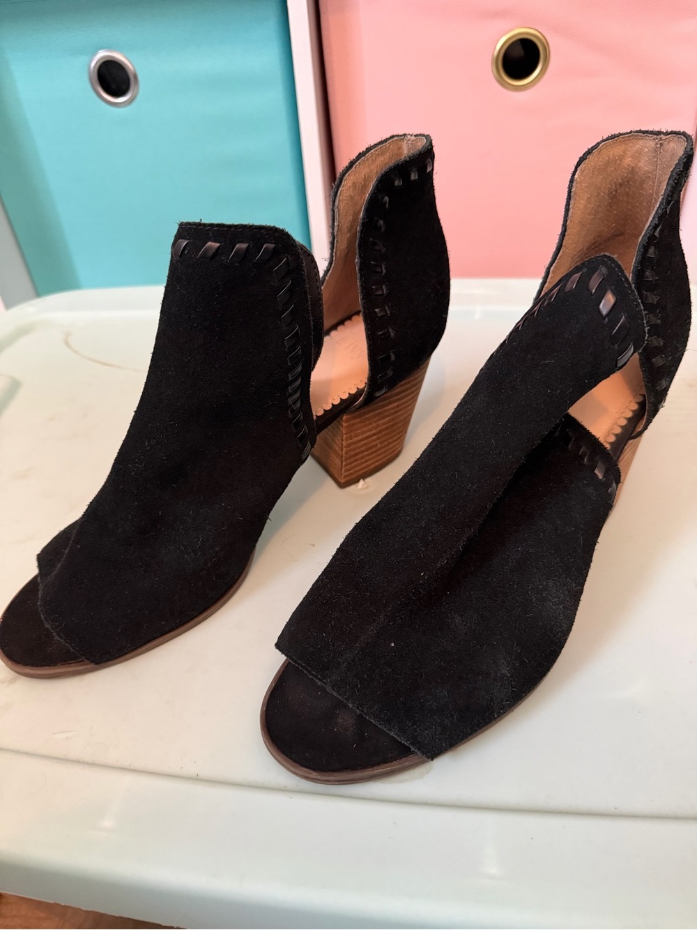 crown & ivy Black Suede Peep-Toe Stacked Heel Booties